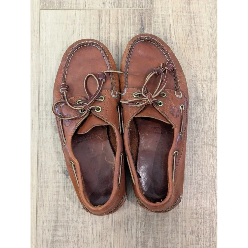 Vintage Timberland Boat Shoes Mens 7.5 M Brown Leather 2 Eye Handsewn USA Made
